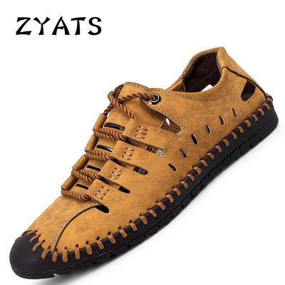 ZYATS รองเท้าส้นเตี้ยรองเท้าทางการผู้ชาย,รองเท้าแตะรัดส้นชายหนังวัวหลุมขนาดใหญ่38-48