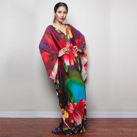 Print Maxi Dress Batwing Sleeve Tunic Spring Autumn Beach Dress Casual Plus Size Women Beachwear Kaftan Cover-ups Q1289