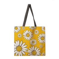 Yellow Sunflower Print Linen Casual Tote Foldable Shopping Bag Reusable Beach Bag