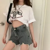 Smokey Gray Denim Shorts Women 2022 New Summer Korean Version With Rough Edges And Holes Loose Wide Legs Slimming A-Line Hot Pants