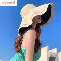 CREAMSD หมวกแบบลำลองสำหรับผู้หญิง,หมวกมีปีกขนาดใหญ่สำหรับเดินทางสีทึบกลางแจ้งหมวกอาบแดดหมวกแคปชาวประมง Topi Bucket