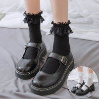 ถุงเท้าเด็กหญิง LETIAN Sweet Lolita Mid-Tube Lace Ruffles สีดำสีขาว Cotton