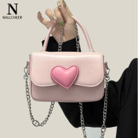 NALLCHEER กระเป๋าสะพายข้างผู้หญิง Heart Chain Small Bag Korea Style Cute Contrast Handbag