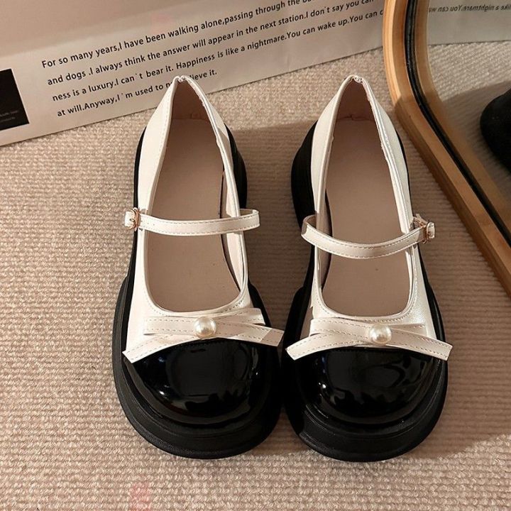 starlight-angela-free-shipping-ส่งฟรี-jk-mary-jane-รองเท้าผู้หญิงแบบใหม่ตัดลูกไม้ฝรั่งเศสสีอ่อนโบว์ติดมุกรองเท้าหนัง