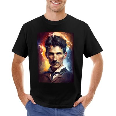 Nikola Tesla Ai Generated Portrait- Vibrant Artistic Rendering T-Shirt T-Shirts Man Anime T-Shirt Mens Plain T Shirts