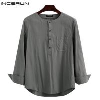 Incerun เสื้อแขนยาว ผ้าฝ้าย สไตล์วินเทจ ทรงหลวม สำหรับผู้ชาย