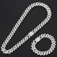 【CW】15mm Miami Prong Cuban Chain Link Silver Color Necklaces 2 Row Full Iced Out Rhinestones Bracelet Set for Mens Hip Hop Chains