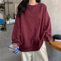 {AH Department Store}Sudadera Con Capucha Para Mujer De Manga Larga Estilo Japonés Elegante Burdeos Liso Ulzzang Combina Todo Cuello Redondo Sin Sombrero