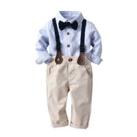 top●1-6 Years Boy Suit Set Party Children Clothes Sky Blue Striped Shirt + Tie + Pants + Belt 4 Pcs Baby Cotton Long-Sleeves Costume