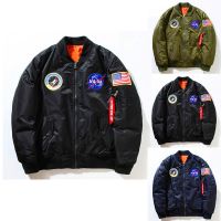 เสื้อแจ็คเก็ต คอปก พิมพ์ลาย NASA Bomber แบบเข้ารูป แฟชั่น สำหรับผู้ชาย