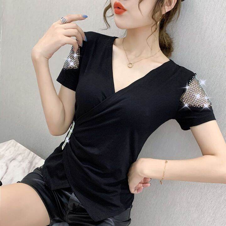 yimei-irregular-top-2023-summer-new-fashion-design-sense-heavy-work-bright-diamond-short-sleeve-red-t-shirt-female-temperament-womens-versatile-cotton-t-shirt