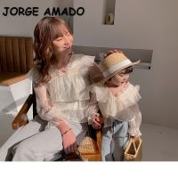 2021 Korean Style New Spring Family Matching Sets White Color Puff Sleeves Chiffon Shirt Mother Daughter Matching Outfits E011