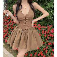 French y backless halter neck mesh stitching womens summer waist lace puffy dress