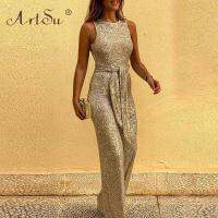 ArtSu Ladies Fashion y Sequins Backless Slim Jumpsuit Women Strapless Lace Up Party Romper Solid Skinny Overalls ANDYJU221