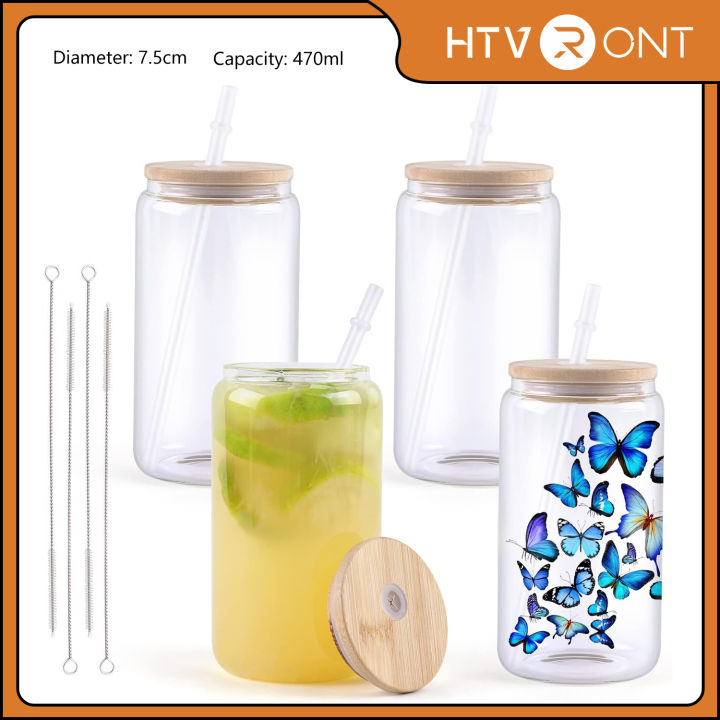 16 oz CLEAR Sublimation soda glass jar w/ bamboo lid