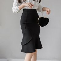 COD DSFWEWWWWW Plus Size S-5XL Women Pencil Skirt Spring Summer Autumn Fashion Casual Elegant Sexy Fishtail Ruffles High Waist Elastic Stretch Slim Bodycon Package Hip Midi Skirt Office Work Wear Black Red