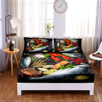 Seafood Food Digital Printed 3pc Polyester Fitted Sheet Mattress Cover Four Corners with Elastic Band Bed Sheet Pillowcases