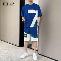 IELGY เสื้อยืดผู้ชายพิมพ์ลายกางเกงขาสั้นชุดกีฬาผู้ชาย