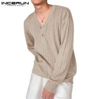 ♀✲ Incerun เสื้อเชิ้ตลําลองสําหรับผู้ชายแขนยาวคอวีทรงหลวม