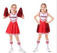 ❀☄☍ Kids Girls Cheerleader Costume School Child Cheer Uniform Outfit Sleeveless Dance Dress with Cheerleading Flower and Socks Set