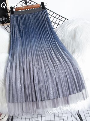 【CC】 Qooth Gradient Color Mesh Length Pleated Skirt Waist A-line QT1785