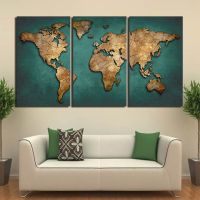 Vintage World Map โปสเตอร์ผ้าใบ Wall Art สำหรับตกแต่งบ้าน-ชุด3ทวีปที่สวยงามพิมพ์เหมาะสำหรับห้องนั่งเล่น,ห้องนอน,หรือตกแต่งสำนักงาน