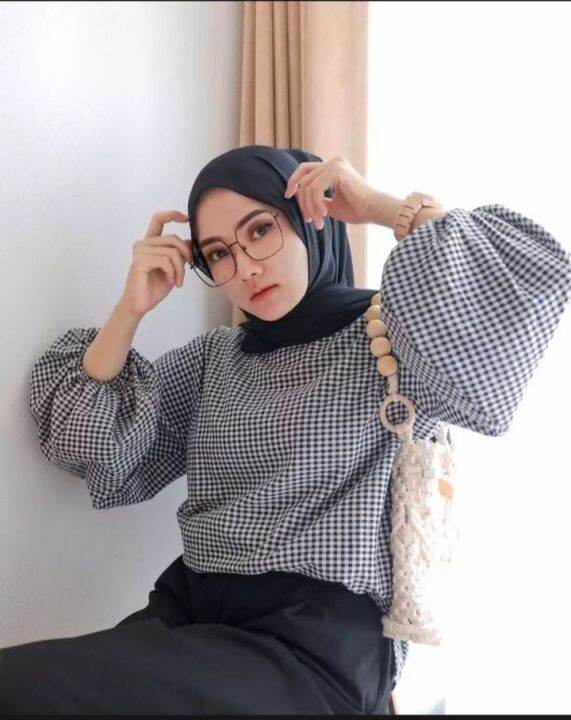 Square blouse/Baju muslim motif kotakkotak/Atasan wanita terbaru/baju