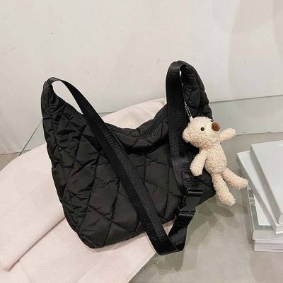 Luxury Space Cotton Shoulder Bags for Women  Winter Down Crossbody Bag Wide Strap Messenger Bag Fluffy Leather Nylon Purse