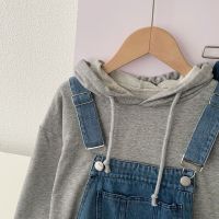 Baby Boys Terry Cotton Fake Two Pieces Denim Brace Hooded Sweatshirt  New Autumn Childrens Clothing Toddler Girl Clothes