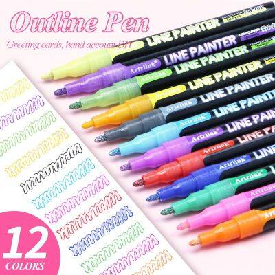 12 Colors/Set Outline Paint Marker Pen Double Line Pen Diy Album Scrapbooking Metal Marker Glitter for Drawing Painting Doodling