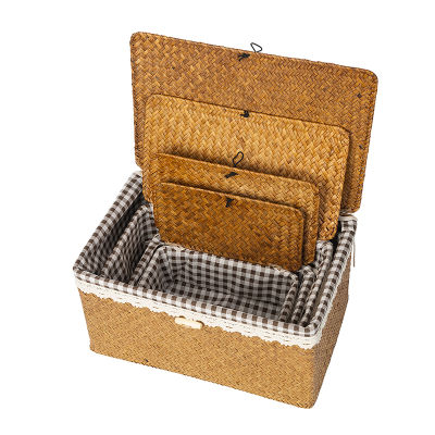 Wicker Storage Basket with Lid Rattan Box Rectangular Seagrass Storage Bin Desktop Sundries Sorting Jewelry Makeup Organizer