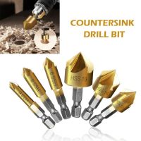 6ชิ้น5ร่อง HSS Countersink หัวเจาะสว่าน1/4 "Hex Shank เคลือบไทเทเนียม