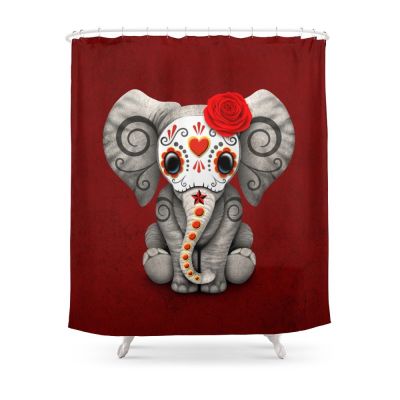 Red Day Of The Dead Sugar Skull Baby Elephant Shower Curtain Polyester Bathroom Curtains Wall Decoration Hanging Bath Curtains