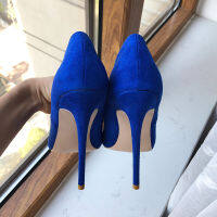 Tikicup Solid Royal Blue Women Curl Cut Flock Pointy Toe รองเท้าส้นสูง8ซม. 10ซม. 12ซม. Faux Suede Stiletto ปั๊ม