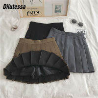 (XS-4XL)Dilutessa กระโปรงขนาดพิเศษสีทึบแฟชั่นเอวสูงกระโปรงอัดจีบสตรีทรงเอ ROK Mini พร้อมกางเกงนิรภัย