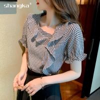 COD dhdfxcz Blouse For Women New Style Vintage Plaid Short-Sleeved Shirt Womens Sexy Beautiful Thin Ruffled Cuffs Irregular Neckline Korean Style Casual Loose Trendy Elegant Summer Ladies Top Elegant Tops Woman