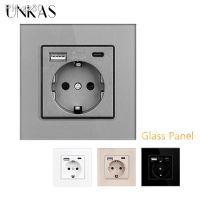 UNKAS EU / Spain / Russia Tempered Glass Panel Grey Wall Power Socket Grounded With Type C Dual USB Fast Charger