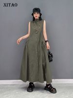 XITAO Dress Loose Fashion Solid Color Casual Stand Collar Sleeveless Tanks Dress