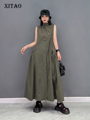 XITAO Dress Loose  Solid Color Casual Stand Collar Sleeveless Tanks Dress