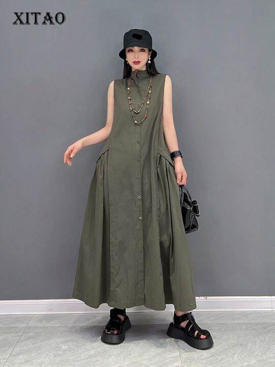 xitao-dress-loose-solid-color-casual-stand-collar-sleeveless-tanks-dress