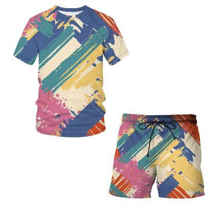 Men’s Summer Sport Set 2-Piece Graffiti pattern Fashion Casual Printed Short Sleeve T-shirts Waist Shorts Pants Tracksuit Sets