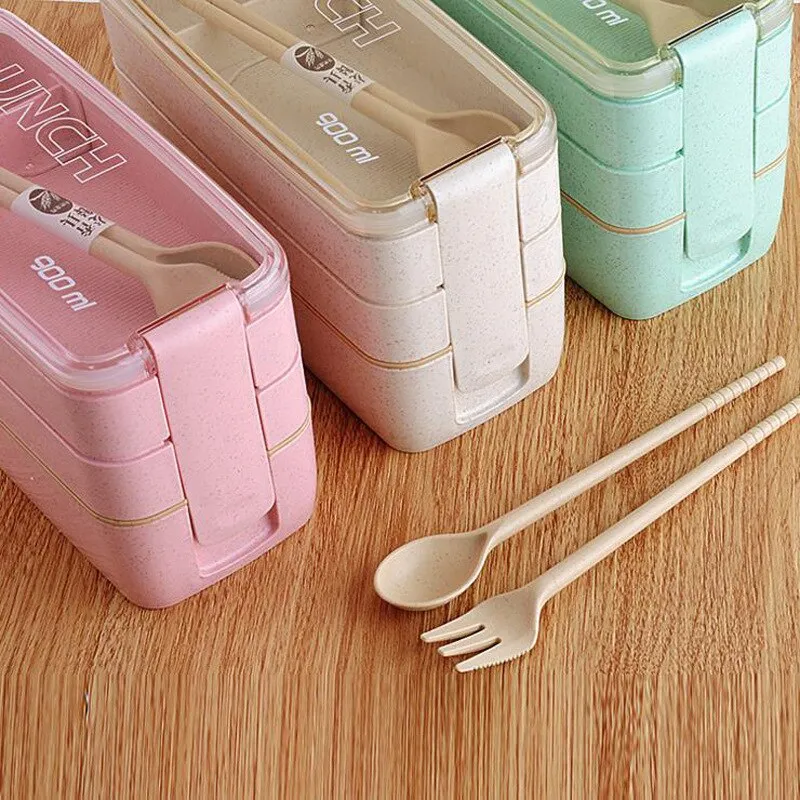 Portable Hermetic Lunch Box 2 Layer Grid Student Bento Box With Fork Spoon  Leakproof Microwavable Prevent Odor School