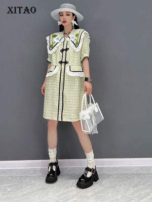 XITAO Dress Womens Contrast Color Print Ruffles Collar Dress
