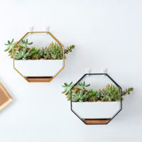 Nordic Style Metal Rack White Ceramic Vase Planter Pot Octagonal Geometric Wall Hanging For Flowers Bamboo Tray Art Home Decor