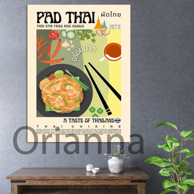 Pad Thai Poster Retro Style,Thai Cuisine Art,Thai Food Prints Modern Kitchen Decor,Asian Food Tom Yam Wall Art ภาพวาดผ้าใบใหม่