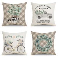 【JH】 style green leaf print pillowcase plant letters home living room office car