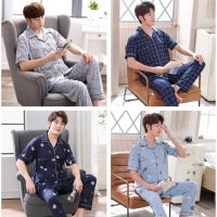 COD SDFGDERGRER Plus Size Men Pajama Terno Cotton Mens Pajamas Set Short Sleeve Plaid Cardigan Tops Long Pants Men Sleepwear Set Nightwear Korean Homewear Casual Home Clothes Male Pyjamas Set