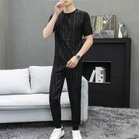 【hot seller】 Mens summer ice silk new round neck short-sleeved trousers casual outerwear sports suit