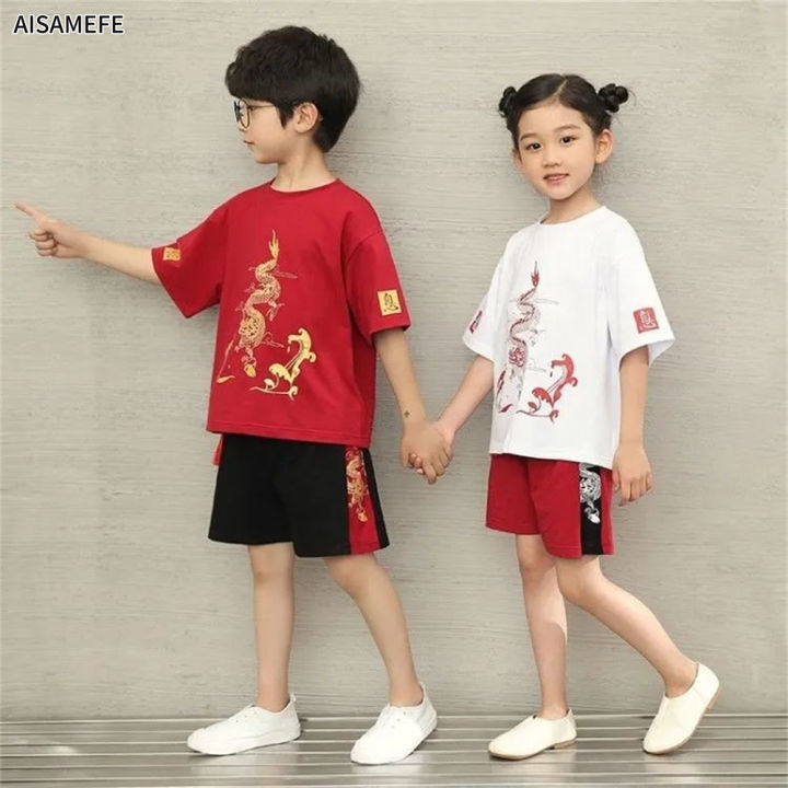 aisamefe-ชุดเสื้อยืดสำหรับเด็ก-ชุดเสื้อผ้า2ชิ้นลายจีนน้องสาวของเด็กสไตล์จีนใหม่ปี1-13y