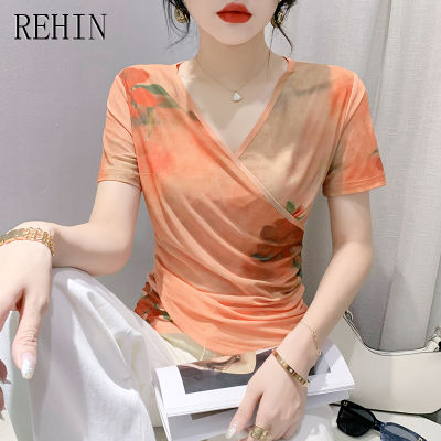 REHIN เสื้อยืดผู้หญิงคอวี2023ฤดูร้อน,เสื้อจับจีบแขนสั้นพิมพ์ลายตาข่ายแฟชั่นซับในเข้ารูปพอดี